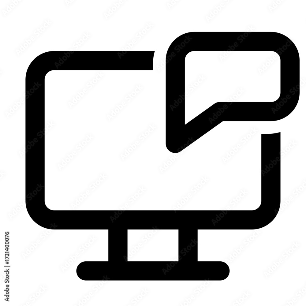 Poster computer screen displaying a chat bubble icon in bold outline style indicating communication online 