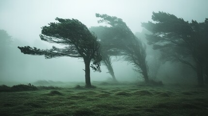 Windswept trees in a foggy field.