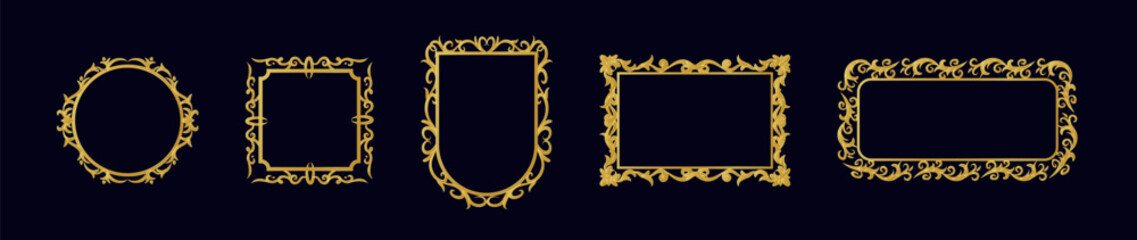 A collection of ornate vintage picture frames set against a dark background, showcasing elegant designs.
