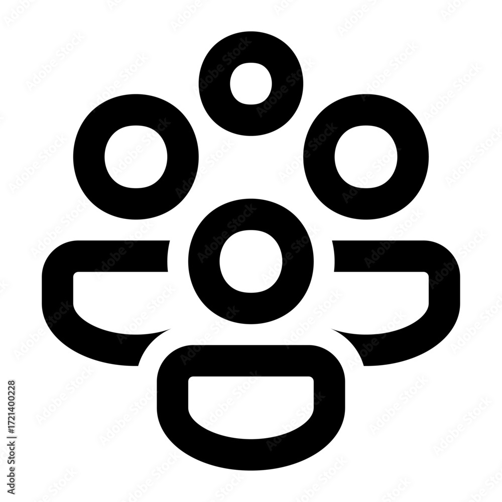 Poster illustration of a group of five people represented by circles and rounded shapes in black color sche