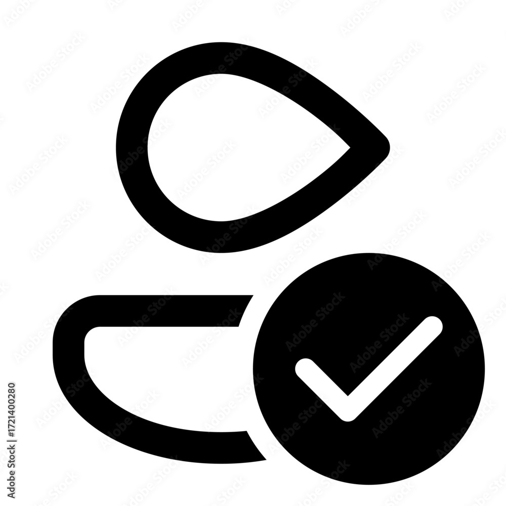 Poster person icon with a check mark in a circle indicating a completed or approved user profile status ico