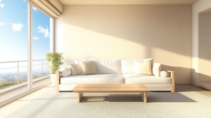 Modern minimalist living room with white sofa, wooden coffee table, and large window overlooking city.