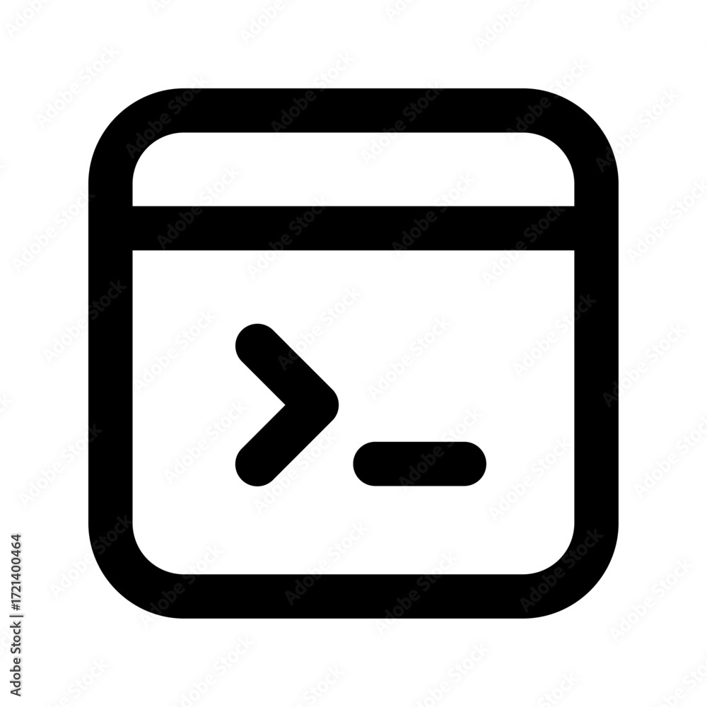 Poster black and white terminal icon with a rounded rectangle border and command prompt symbol is visible c