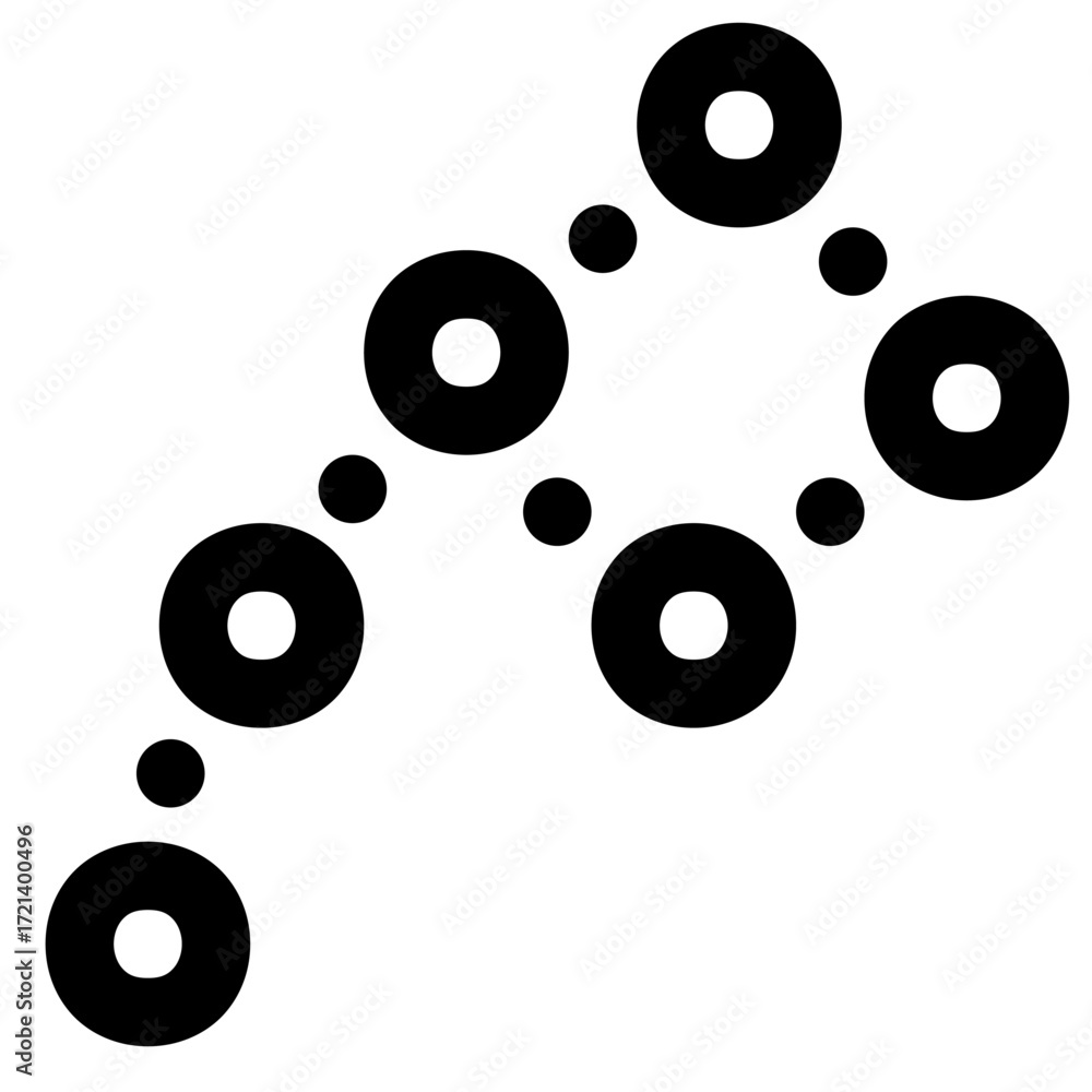 Poster black and white abstract design featuring a series of connected circles and dots in a curved line pa
