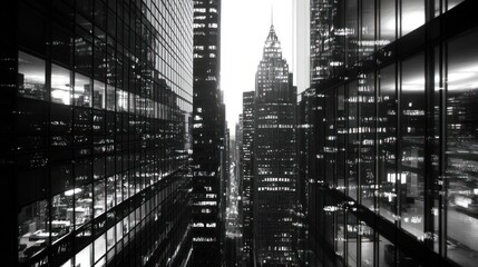 Black and white photo of city skyscrapers at night, viewed from between buildings.