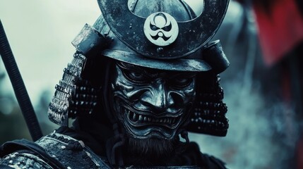 Close-up of a samurai warrior wearing an oni mask and armor.