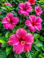 A collection of hibiscus flowers with bright pink petals and green leaves in a garden setting amidst lush foliage