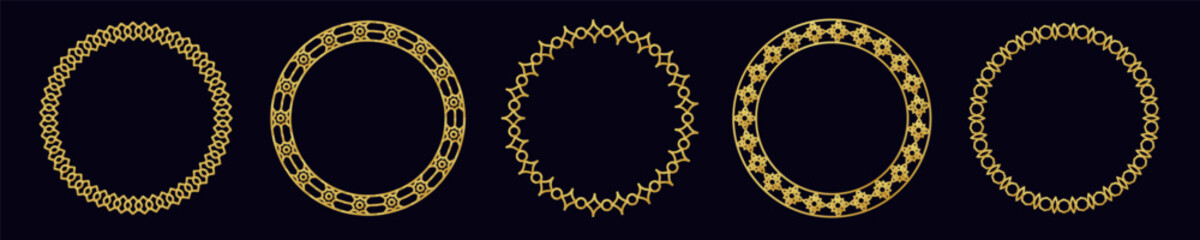 A collection of five elegant islamic frames with intricate gold patterns, ideal for decorative design projects.