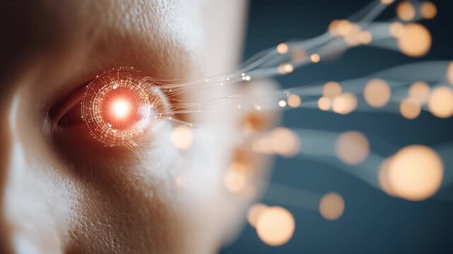 Vision of Future: A close-up reveals an eye, glowing with radiant, energetic light, symbolic of innovation, insight, and the boundless potential of technological advancements.