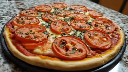 Delicious homemade pizza with fresh tomatoes, mozzarella cheese, and herbs.