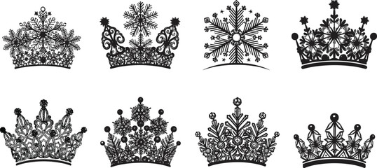 Ornamental crown silhouette set, snowflake and floral motifs, geometric royal icons, black vector illustration, festive winter design, regal decoration elements © Ashik World