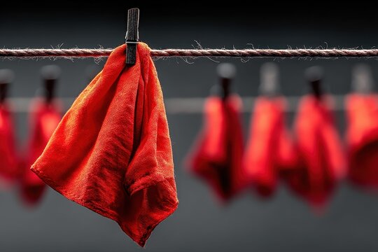 Red cloths hanging on a clothesline against a dark background. The scene captures a simple yet striking visual of fabric in a domestic setting.