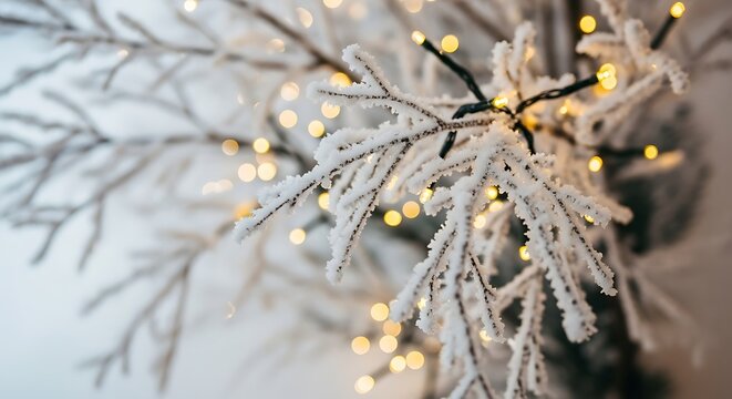 Delicate frosted branches illuminated by soft fairy lights, creating a serene winter scene with a focus on the beauty of nature and light - Powered by Adobe