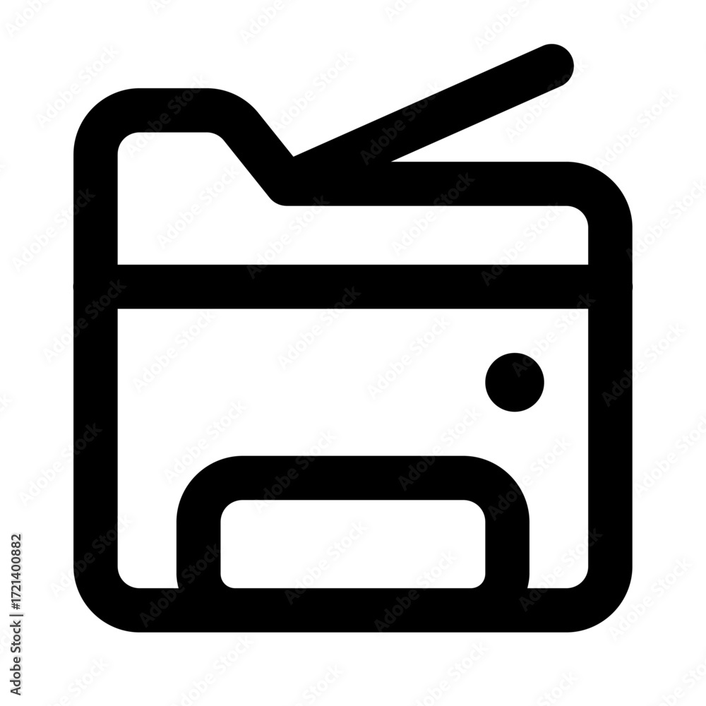 Poster black outlined printer icon with paper tray and indicator light on a white isolated background desig