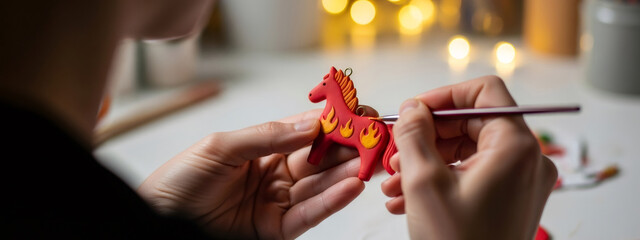 Person painting a handmade red horse ornament with fire details. Creative craft project for New Year and Christmas decoration, symbol of 2026.