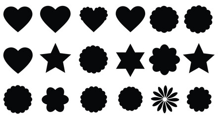 Collection of black shapes including hearts stars and floral designs