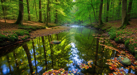 A peaceful stream flowing through a dense forest with trees reflecting in the water surface perfectly
