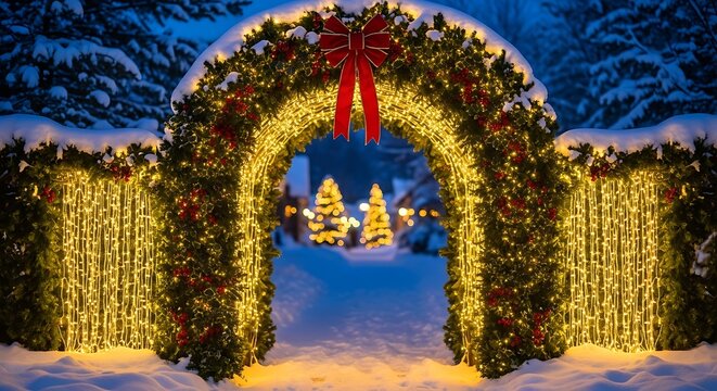Festive christmas archway adorned with lights and a red bow, leading to snowcovered trees, creating a magical and enchanting winter wonderland scene