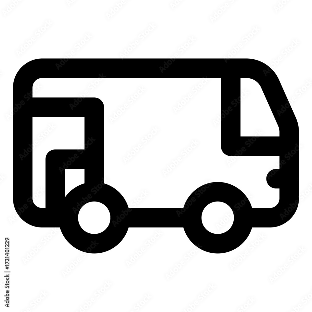 Poster black and white icon of a delivery van with rounded edges and simple design on a white isolated back