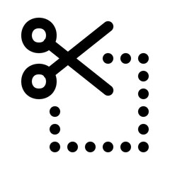 Black scissors cutting a dotted square shape on a white background representing a cut or trim operation