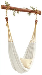 Off white hammock with beige pillow hangs from a rustic wood branch adorned with greenery. 
