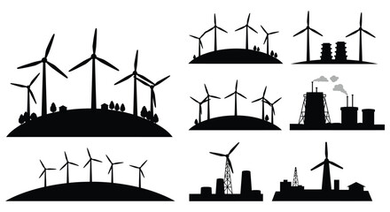 Black silhouette illustration depicting wind turbines and industrial power plants