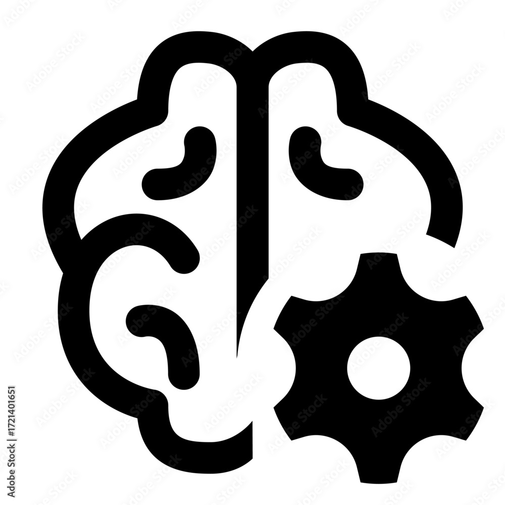 Poster black and white icon showing a brain with a gear symbolizing cognitive processes and problem solving