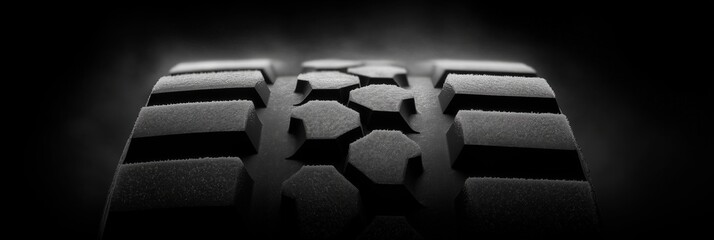 Winter tire with deep tread geometry and micro-siping detail, minimalist black-on-black composition