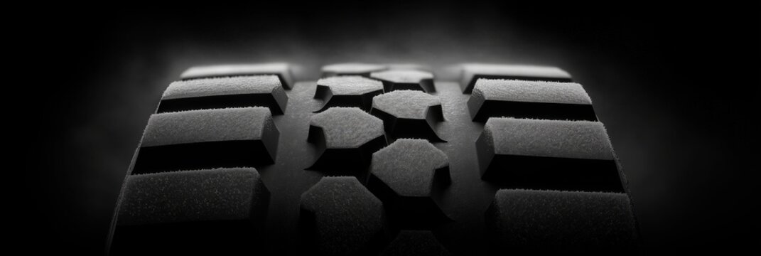 Winter tire with deep tread geometry and micro-siping detail, minimalist black-on-black composition