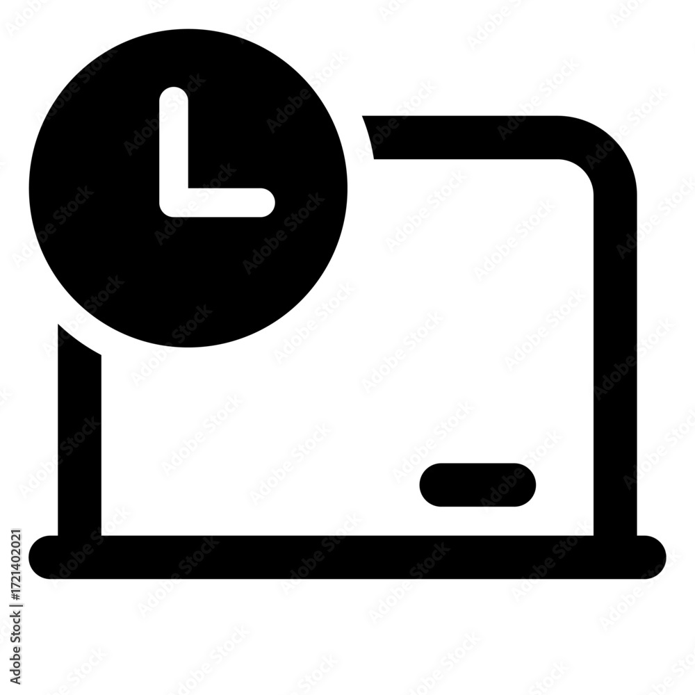 Poster laptop computer with a clock icon indicating time management and deadline reminder on a white backgr