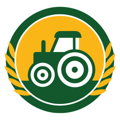 Illustration of a green tractor inside a circle with wheat ears, isolated on white background, symbolizing agriculture and farming practices