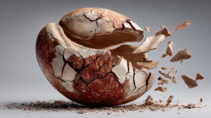 A textured sphere, primarily red and white, is shown in the process of breaking apart against a neutral gray backdrop. Small fragments are dispersing.