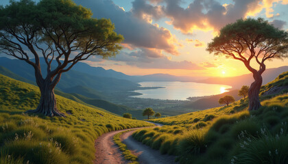 Majestic trees guard a golden vista as the sun dips into tranquil waters.