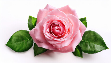 Pink Rose With Green Leaves Close Up Isolated On White Background