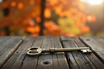 Old vintage key lying on rustic wooden table with beautiful blurred autumn leaves in background. Concept of unlocking potential, finding solution, opportunity, and new beginnings in fall season