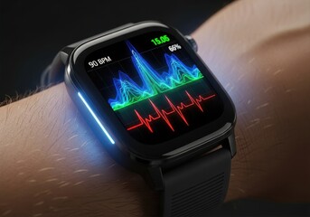 closeup of smartwatch on wrist, displaying glowing biometric data and heart rate graph. concept of health monitoring, wearable technology, and fitness tracking.