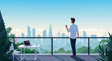 Obraz premium Man Enjoying City View from Balcony with Coffee in Hand