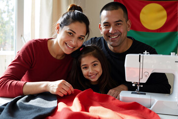Happy family of three smiling together while sewing national or cultural flag at home. Parents and daughter showing pride, representing heritage, patriotism, and family tradition