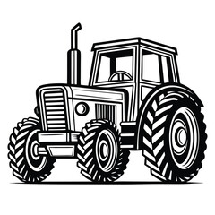 A classic black and white tractor illustration, isolated on white background, depicting agricultural machinery for farming and rural transport