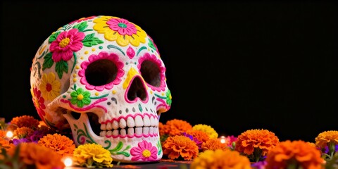 3D colorful sugar skull, vibrant floral patterns, Halloween Día de Muertos vibe, isolated black background