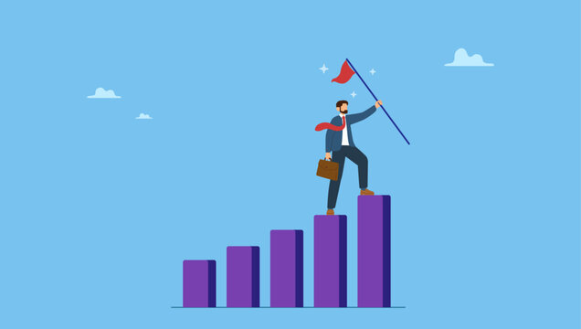 Success businessman climbing growth bar graph to the top to stab down winning flag. Achievement or business success, reaching goal or target, challenge and career growth.