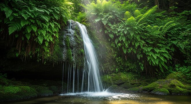 A scenic waterfall cascading down a rocky cliff surrounded by lush green ferns and mossy vegetation - Powered by Adobe