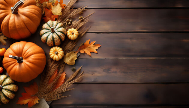 Pumpkins And Leaves Adorn The Table Created With Ai