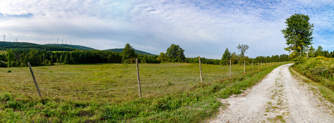 A panoramic view of a crop field with wind turbines in the background