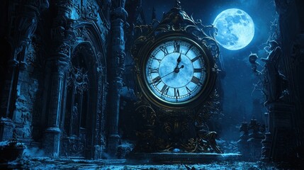 Eerie Clock Tower Under a Full Moon in a Gothic Setting.