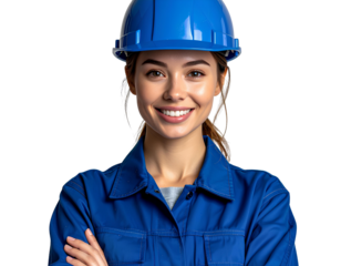 Firefly_Portrait of smiling worker in blue uniform on isolated background on transparent back