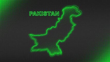 Fototapeta premium Neon Green Pakistan Map Outline Futuristic Digital Glow Halftone Illustration