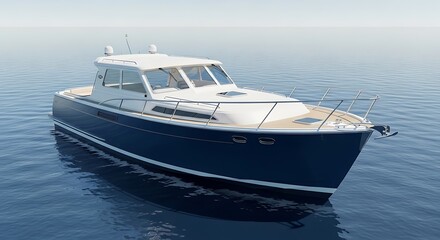 Luxury Yacht White and Blue Cruiser Sailing on Calm Ocean Water