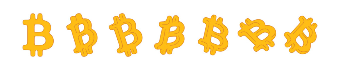 Flat line art illustration of bitcoin symbols in different isometric angles and perspectives. Minimal 3D effect, cryptocurrency, blockchain, digital finance asset isolated on white background