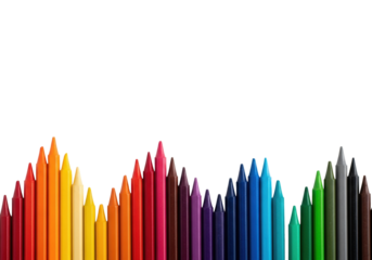 Brand new vibrant wax crayons in a wavy line, full spectrum colors, tips up, against a stark white background with ample copy space, soft studio light, concept of artistic potential